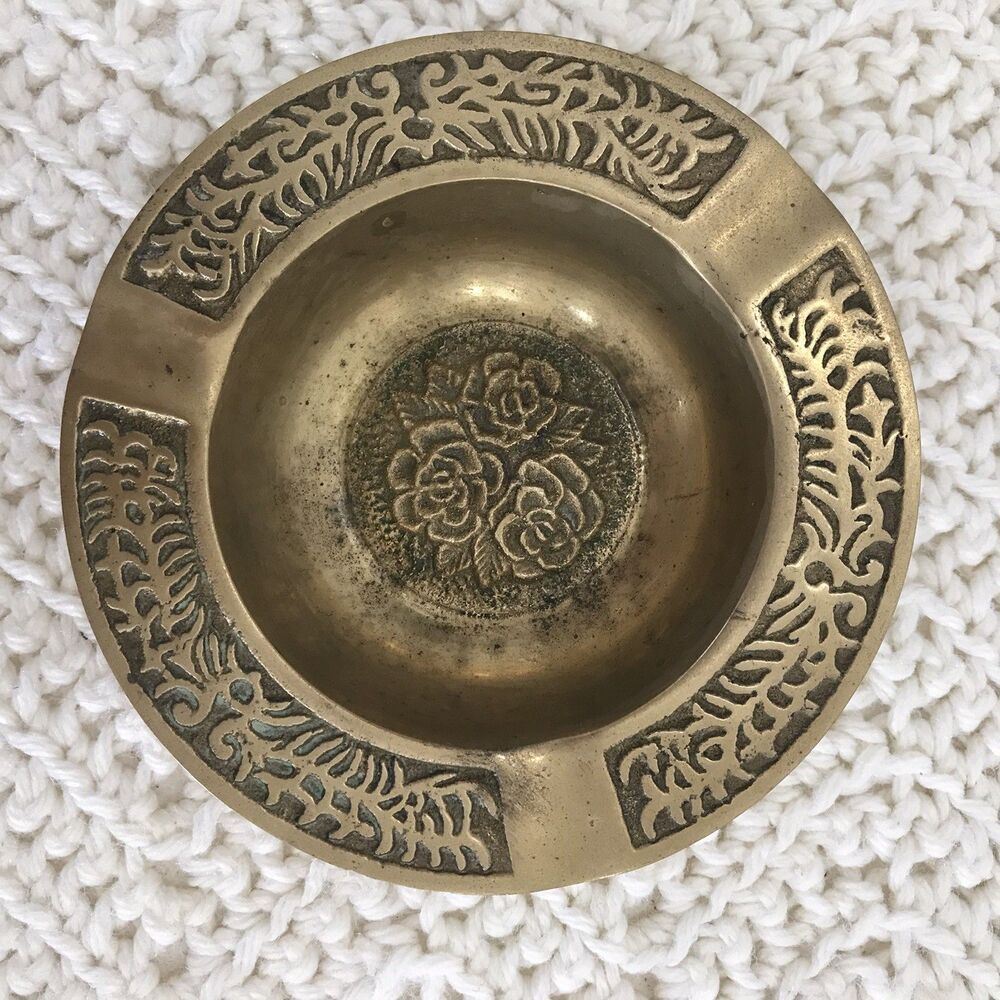 Vintage Cigar Ash Tray Brass Roses Paisley Design 3 Slot Hexagon Shape